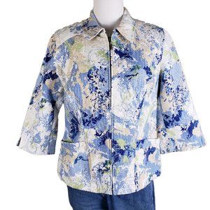 Coldwater Creek Lined Cotton Embroidered Blue White Tan Zip Jacket 12 Petite